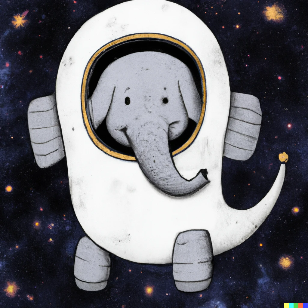 elephant in space suit among the stars.