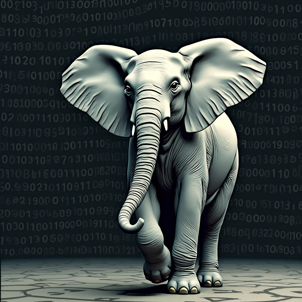 Elephant on gray cracked ground with back background with binary code on it in gray.